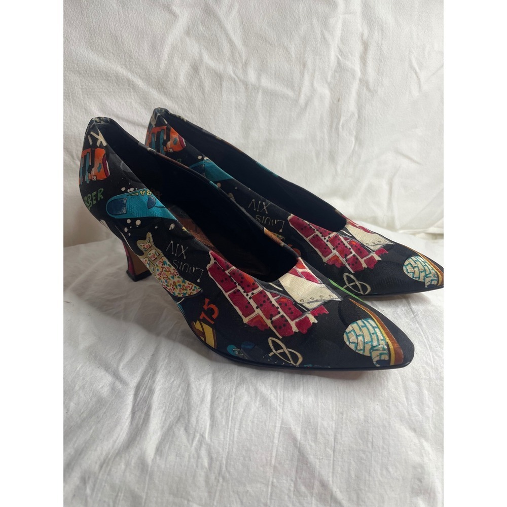 Nicole Miller Silk Heels Size 9B Black Multi Graphic Print Made in Italy